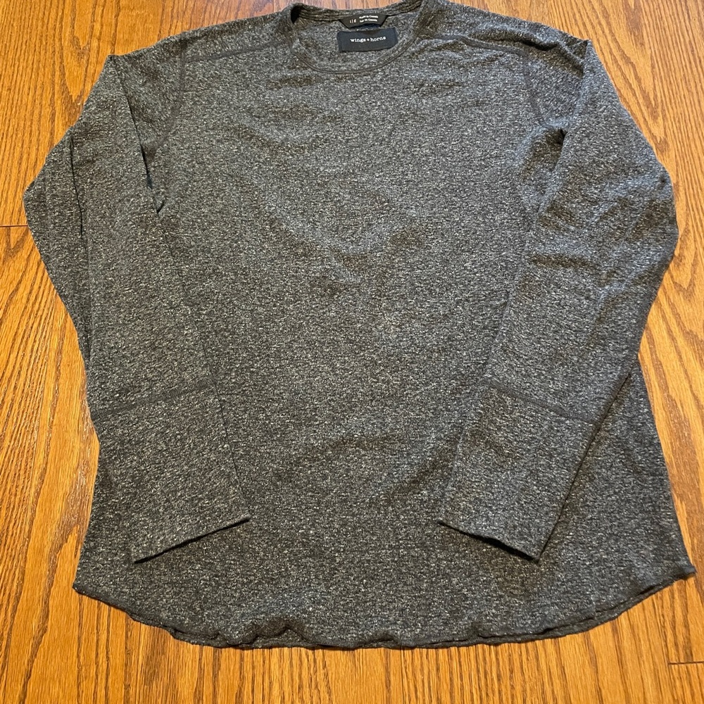 Wings + Horns 1x1 slub tee long sleeve. Heather Black. Size Large.